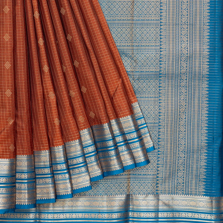 Hayagrivas Handloom Rust Orange Kanjivaram Silk Saree with Rama Blue Border KBF500F6-5