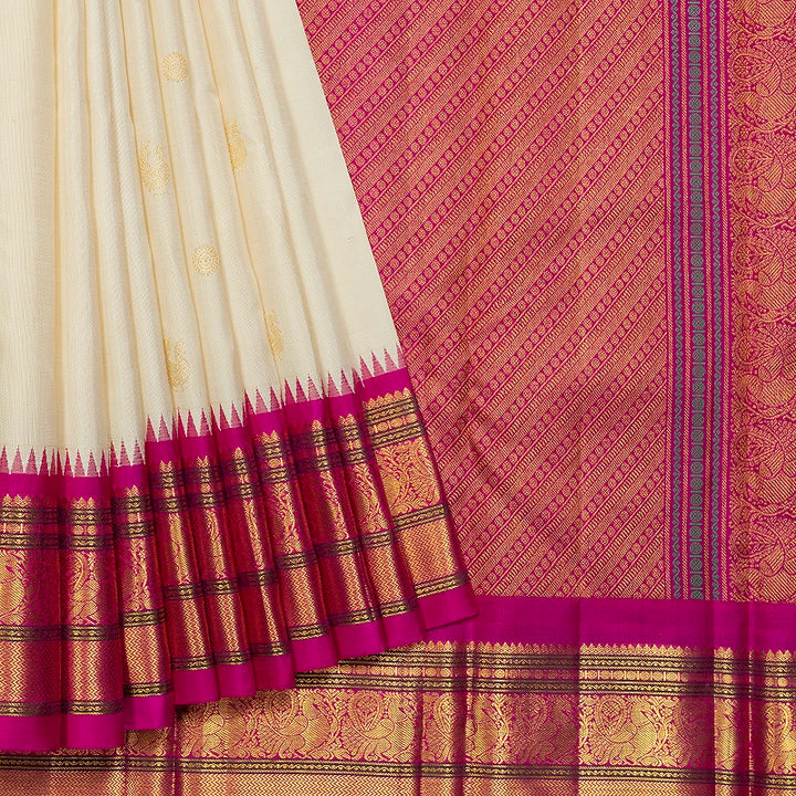 Hayagrivas Handloom Half-White Kanjivaram Silk Saree with Pink Border KBF615G4-1