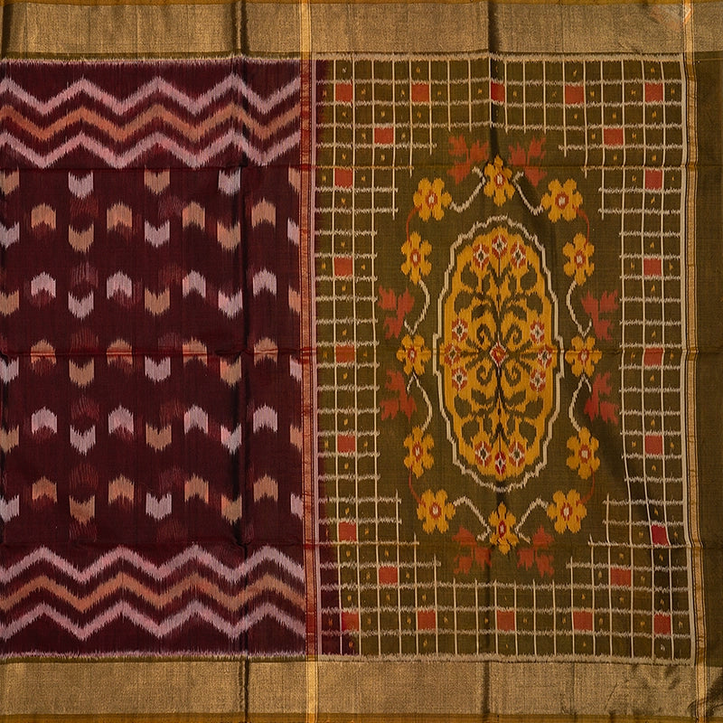 Hayagrivas Dark Marron Ikkat Kora Silk Cotton Saree SSCBF155H1-1