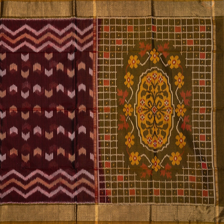 Hayagrivas Dark Marron Ikkat Kora Silk Cotton Saree SSCBF155H1-1