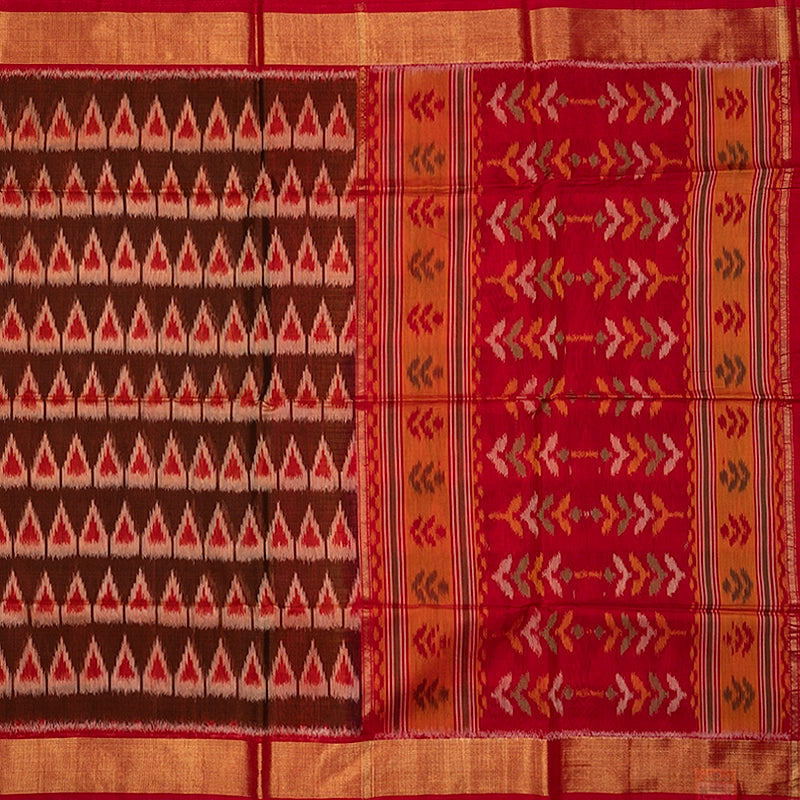 Hayagrivas Rust Brown Ikkat Kora Silk Cotton Saree SSCBF155H1-5