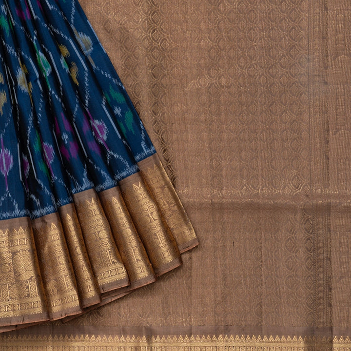 Hayagrivas Deep Peacock Blue Handloom Ikkat Soft Silk Saree KBE2150A2-4