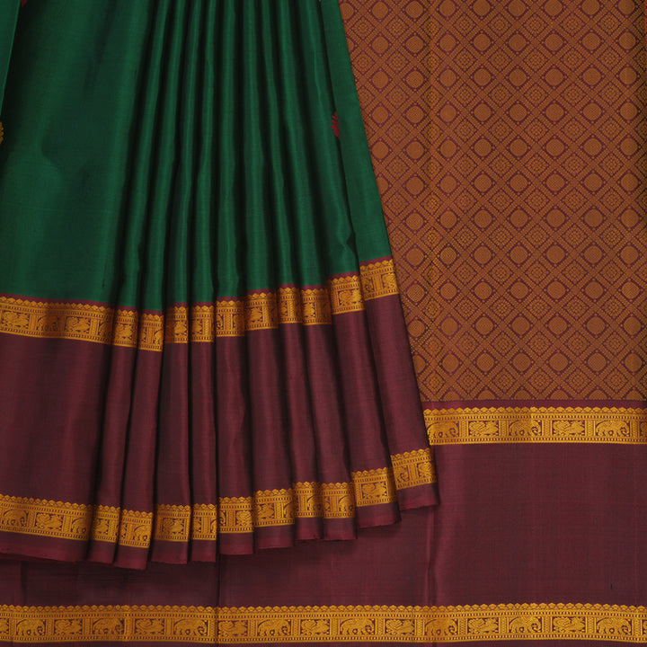 Hayagrivas Handloom Bottle Green Kanjivaram Silk Saree with Maroon border KBE1439J10-1
