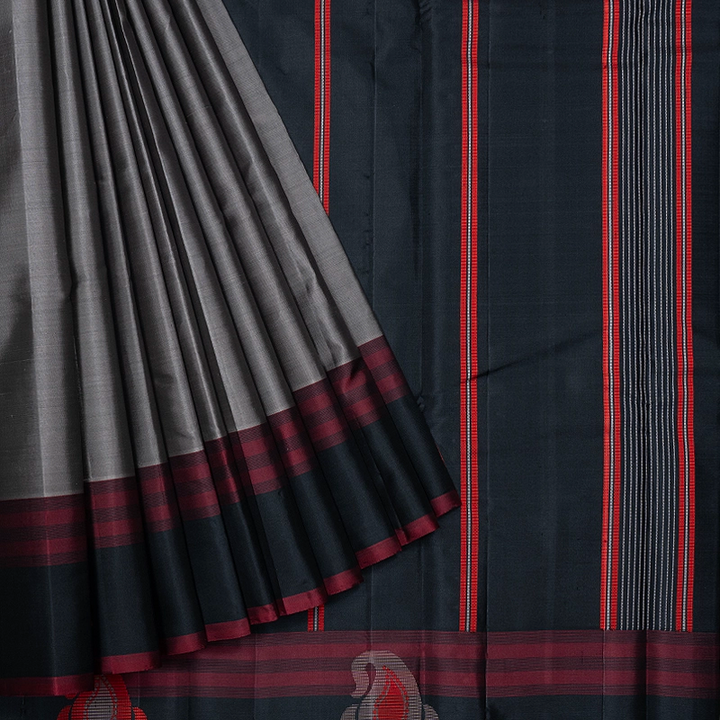 Hayagrivas Handloom Grey Kanjivaram Silk Saree with Black Border KBF224E3-1