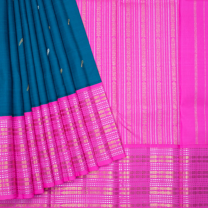 Hayagrivas Handloom Teal Kanjivaram Silk Saree with Fuchsia Pink Border KBF251E5-1