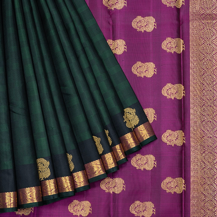 Hayagrivas Handloom Bottle Green &amp; Black (Carpet Checks) Kanjivaram Silk Saree KBF358F3-1