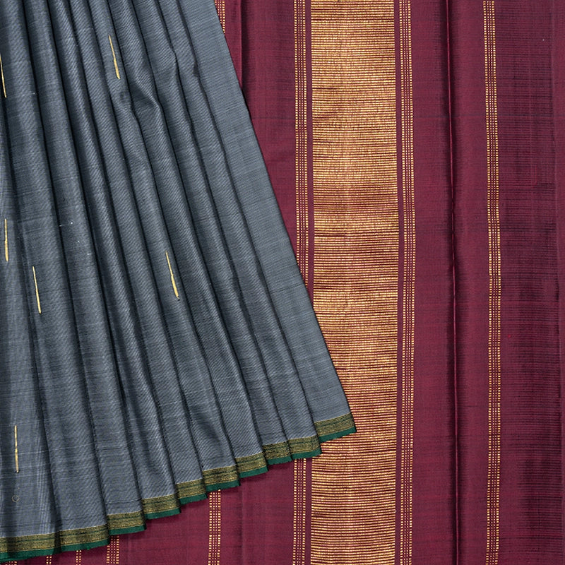 Hayagrivas Handloom Grey Kanjivaram Silk Saree with Bottle Green Selvedge Border KBF420F8-1
