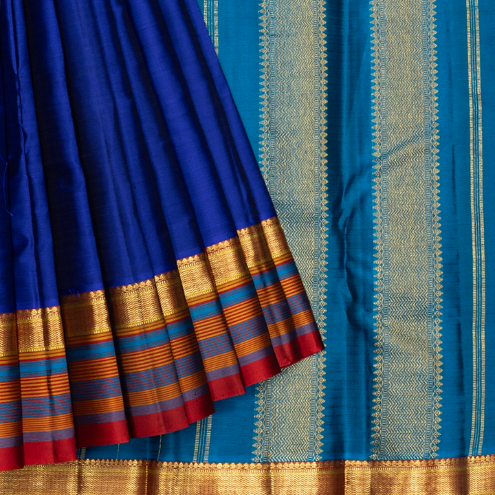 Hayagrivas Handloom Purplish-Blue Kanjivaram Silk Saree with Rust Orange Border KBF467F3-4