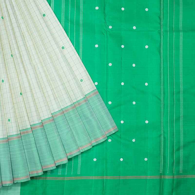 Hayagrivas Handloom Half-White Kanjivaram Silk Saree with Light Green Border KBF479F4-1