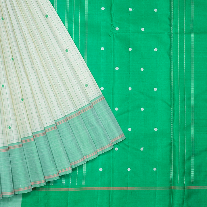 Hayagrivas Handloom Half-White Kanjivaram Silk Saree with Light Green Border KBF479F4-1