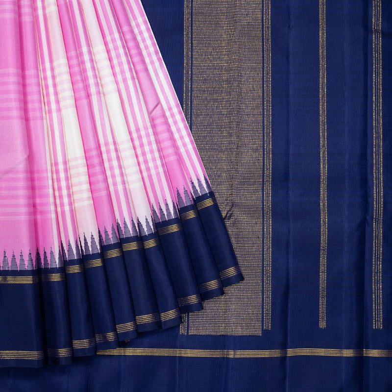 Hayagrivas Handloom Pink &amp; White Checks Kanjivaram Silk Saree with Navy Blue Border KBF518G6-1