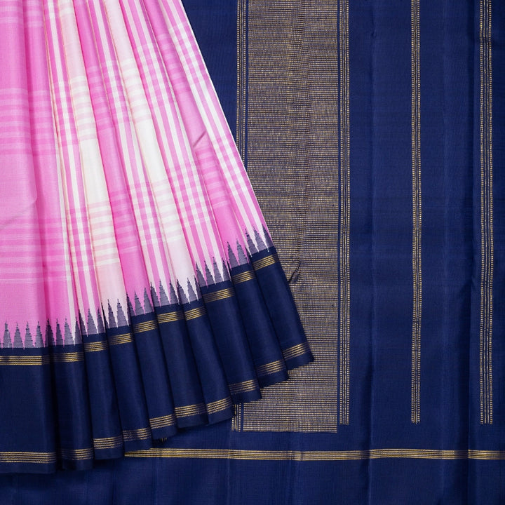 Hayagrivas Handloom Pink &amp; White Checks Kanjivaram Silk Saree with Navy Blue Border KBF518G6-1