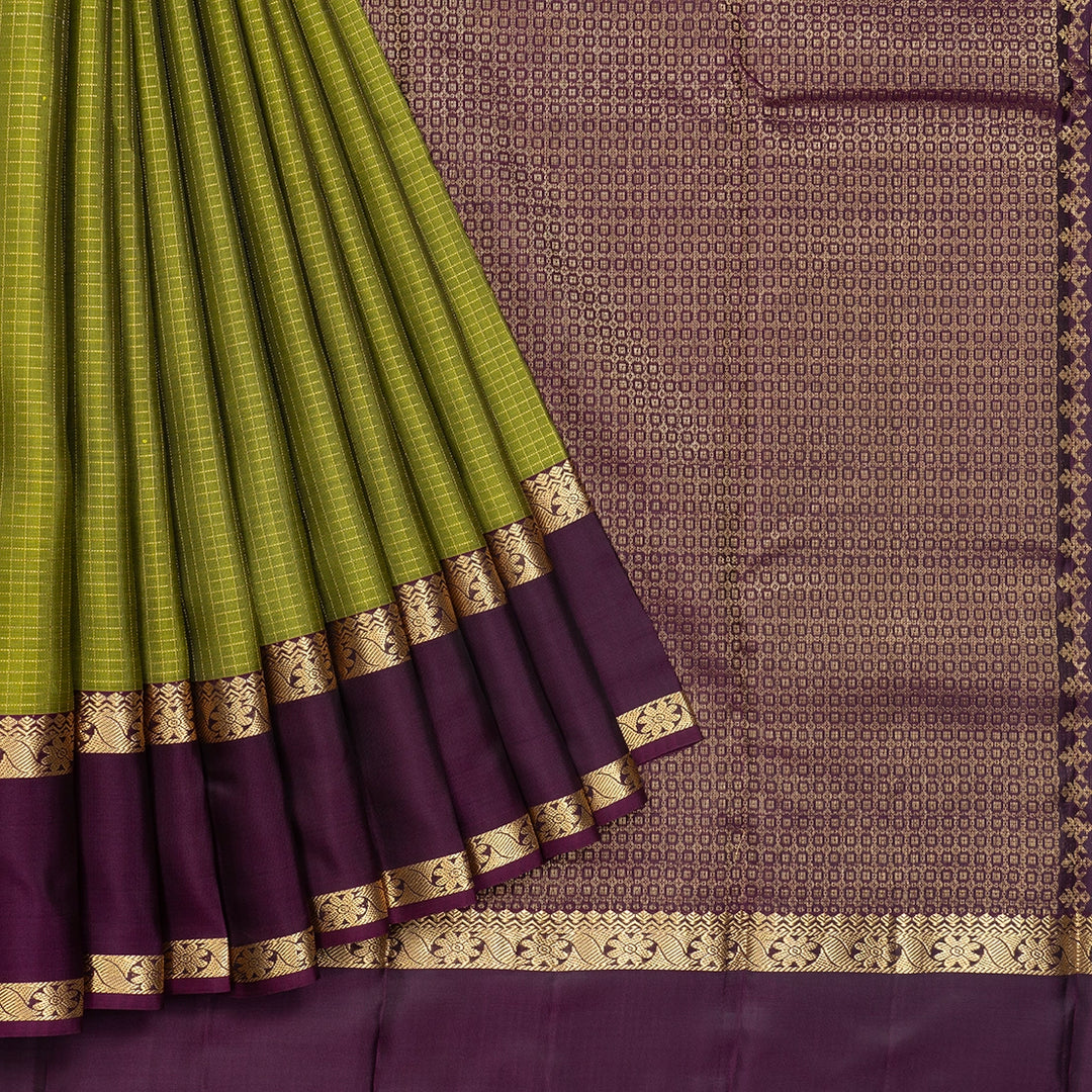 Hayagrivas Handloom Olive Green Kanjivaram Silk Saree with Plum Purple Border KBF556G1-10