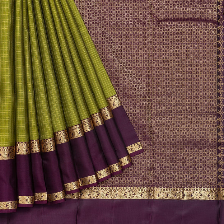 Hayagrivas Handloom Olive Green Kanjivaram Silk Saree with Plum Purple Border KBF556G1-10
