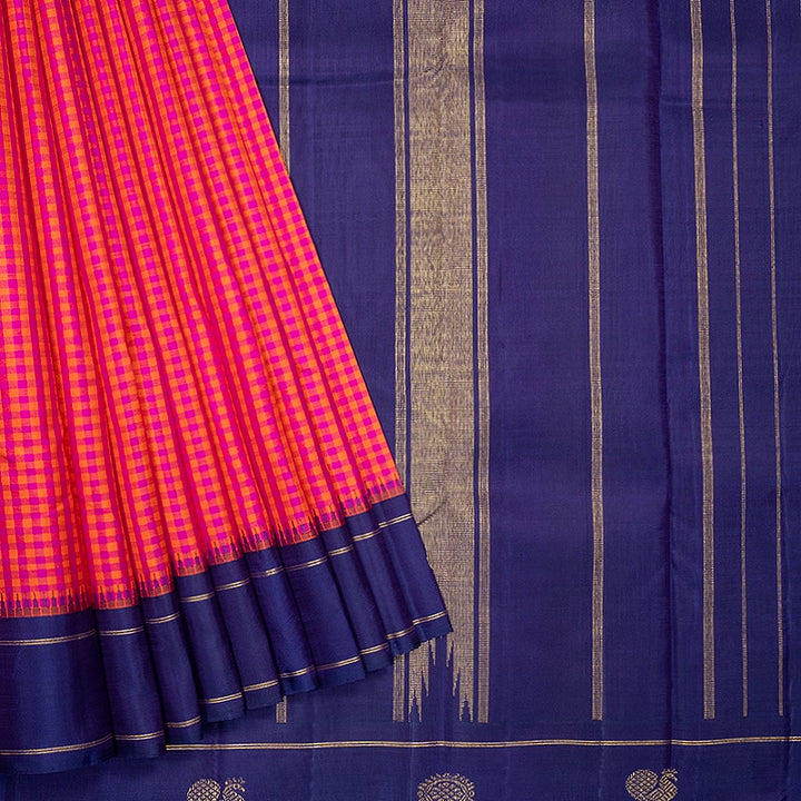 Hayagrivas Handloom Pink &amp; Orange Kanjivaram Silk Saree with Purplish Blue Border KBF572G9-1