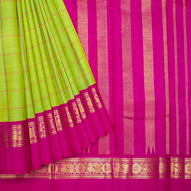 Hayagrivas Handloom Fluorescent Green Kanjivaram Silk Saree with Rani Pink Border KBF573G5-3