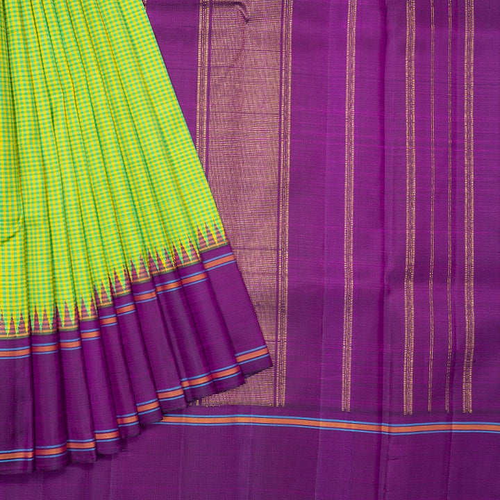 Hayagrivas Handloom Green &amp; Yellow Checks Kanjivaram Silk Saree with Purple Border KBF638G4-1
