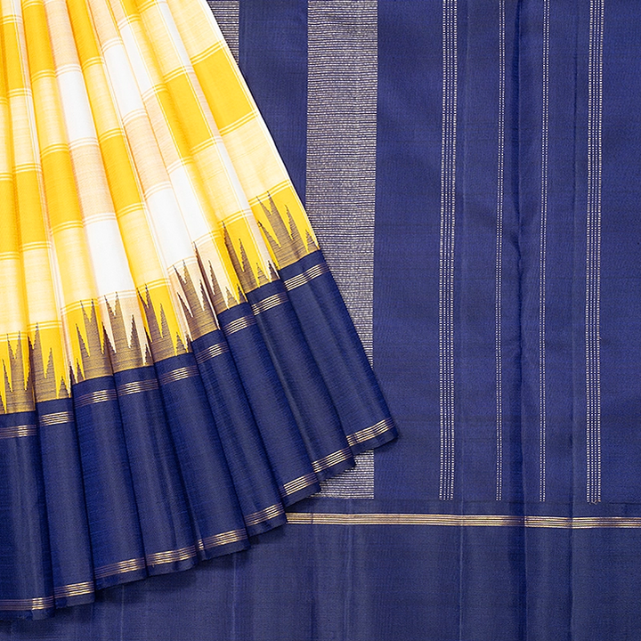 Hayagrivas Handloom Yellow &amp; Half-White Checks Kanjivaram Silk Saree with Purplish Blue Border KBF638G4-3