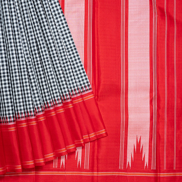 Hayagrivas Handloom Black &amp; White Checks Kanjivaram Silk Saree with Red Border KBF638G4-4