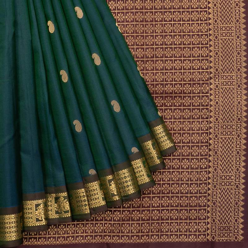 Hayagrivas Handloom Peacock Green Kanjivaram Silk Saree with Manthalir Border KBF688G1-14