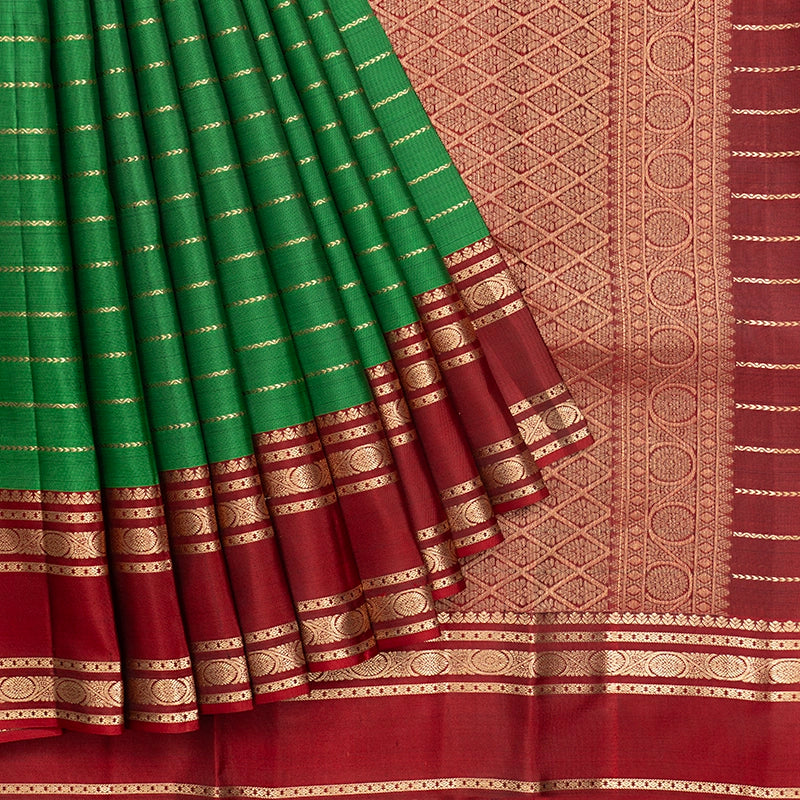 Hayagrivas Handloom Meenakshi Green Kanjivaram Silk Saree with Araku Red Border KBF695G10-5