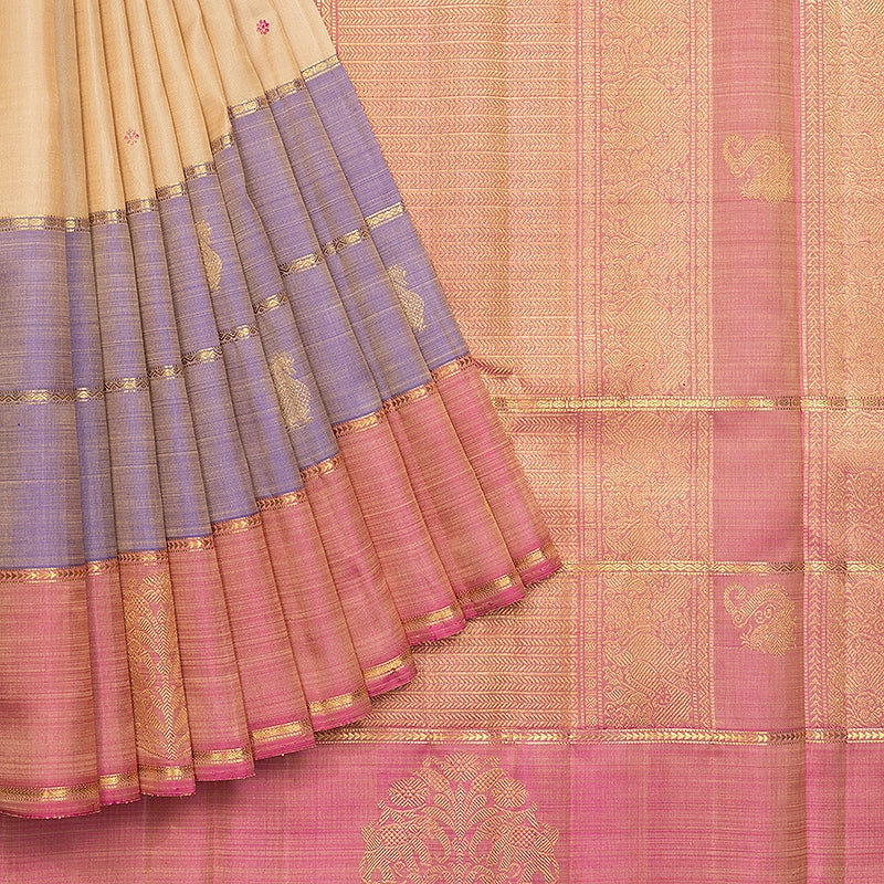 Hayagrivas Handloom Beige Kanjivaram Silk Saree with Pink Border KBF719G3-1