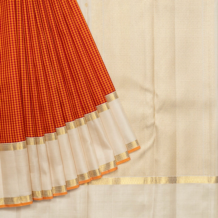 Hayagrivas Handloom Red &amp; Orange Checks Kanjivaram Silk Saree with Ivory Border KBF719G4-1