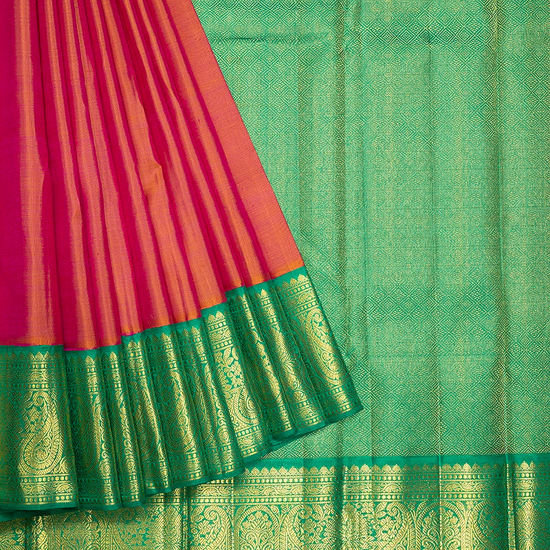 Hayagrivas Handloom Orangish Pink Kanjivaram Silk Saree with Parrot Green Border KBF727G3-3