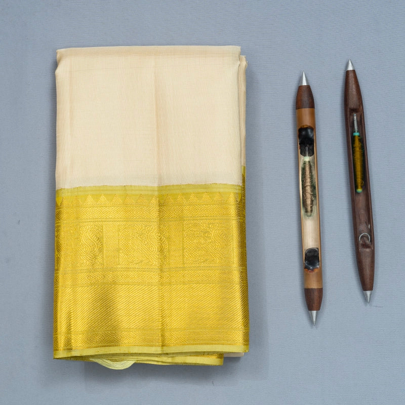 Hayagrivas Handloom Half-White Kanjivaram Silk Saree with Pista Green Border KBF741H2-2
