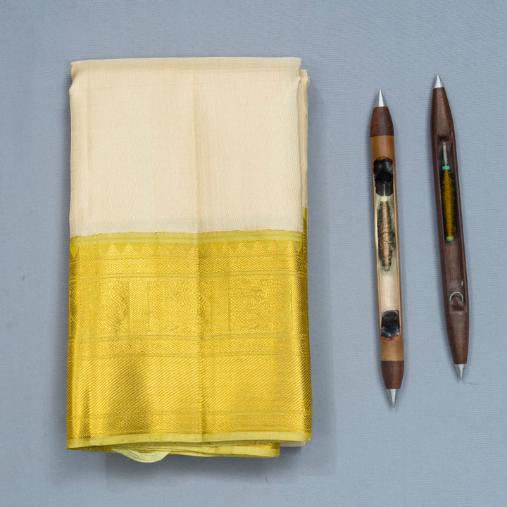 Hayagrivas Handloom Half-White Kanjivaram Silk Saree with Pista Green Border KBF741H2-2