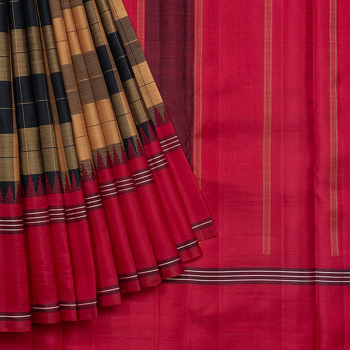 Hayagrivas Handloom Khaki Brown &amp; Black Checks Kanjivaram Silk Saree with Maroon Border KBF742H1-1