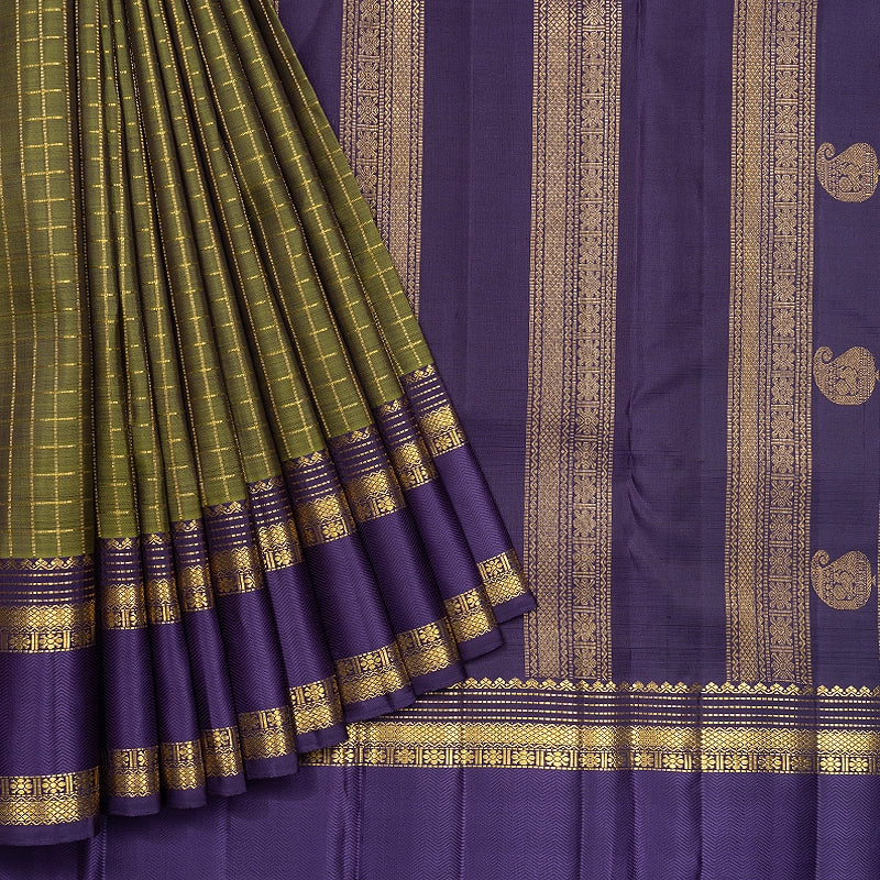 Hayagrivas Handloom Olive Green Kanjivaram Silk Saree with Purple Border KBF742H12-1