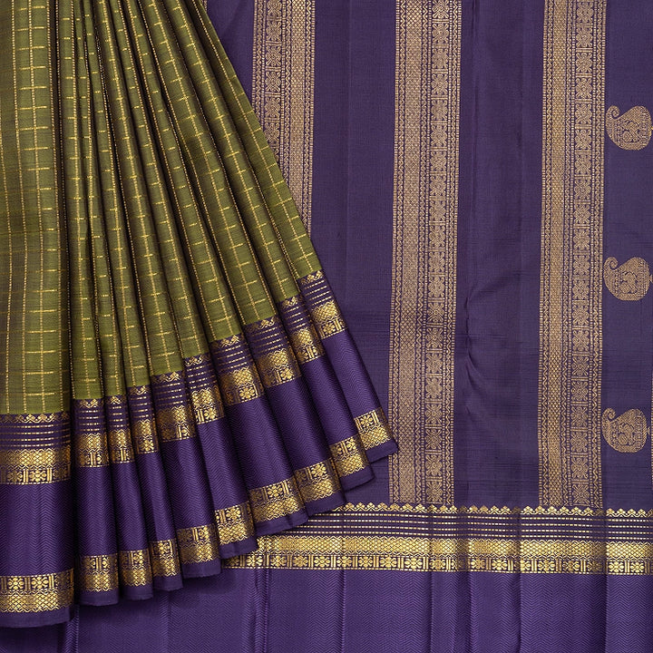 Hayagrivas Handloom Olive Green Kanjivaram Silk Saree with Purple Border KBF742H12-1
