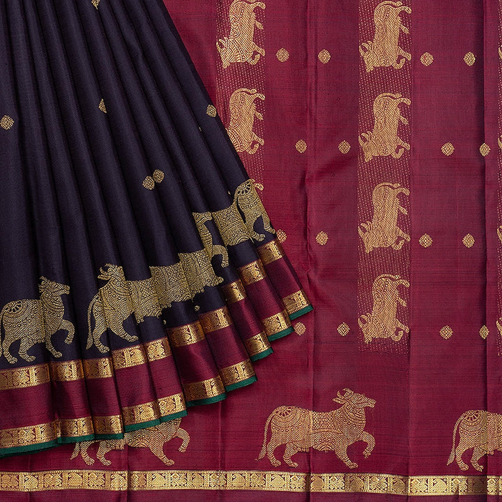Hayagrivas Handloom Deep Jamun Kanjivaram Silk Saree with Wine Maroon Border KBF742H7-1