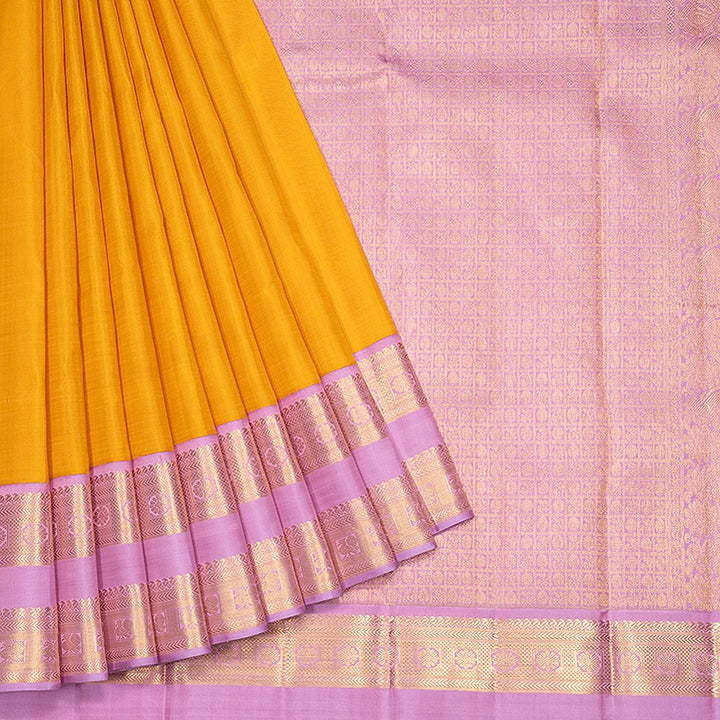 Hayagrivas Handloom Turmeric Yellow Kanjivaram Silk Saree with Baby Pink Border KBF763H3-1