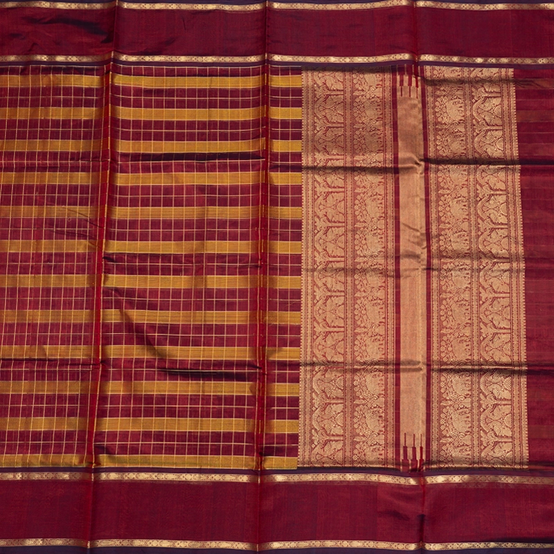 Hayagrivas Maroon &amp; Mustard Checks Kanchi Silk Cotton Saree SSCBF179I13-5