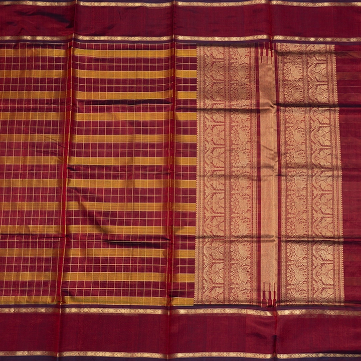 Hayagrivas Maroon &amp; Mustard Checks Kanchi Silk Cotton Saree SSCBF179I13-5