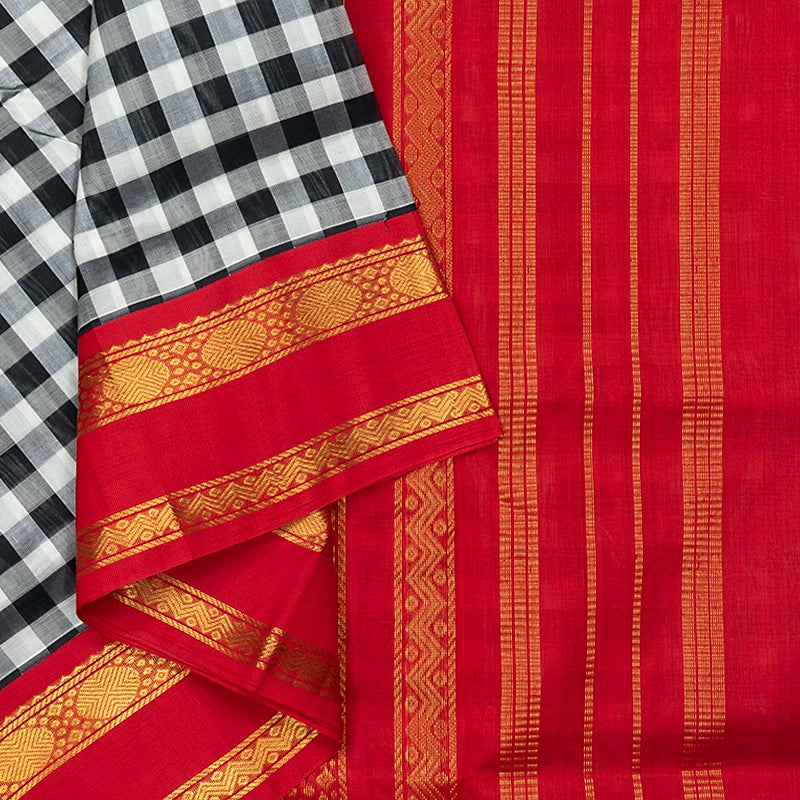 Hayagrivas Black &amp; White Checks Pure Silk Cotton Saree HBF42D5-2