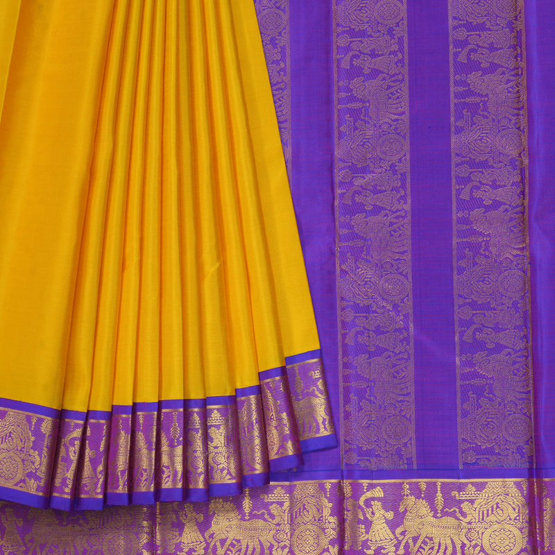 Hayagrivas Handloom Yellow Kanjivaram Silk Saree with Purple Border KBF11D5-2
