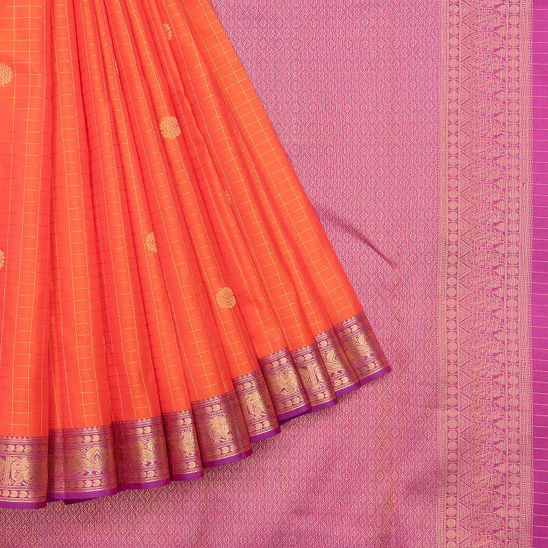 Hayagrivas Handloom Bright Orangish-Pink Kanjivaram Silk Saree with Purple Border KBF695G4-2