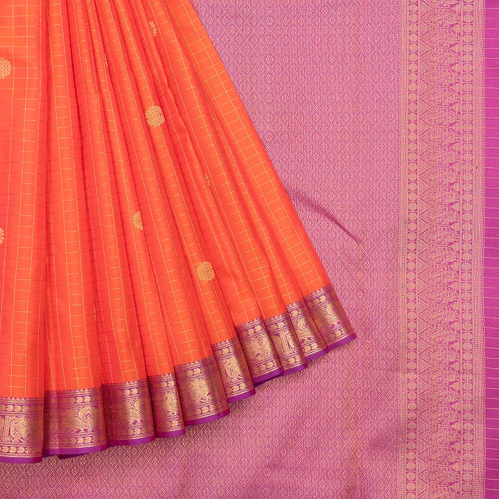 Hayagrivas Handloom Bright Orangish-Pink Kanjivaram Silk Saree with Purple Border KBF695G4-2
