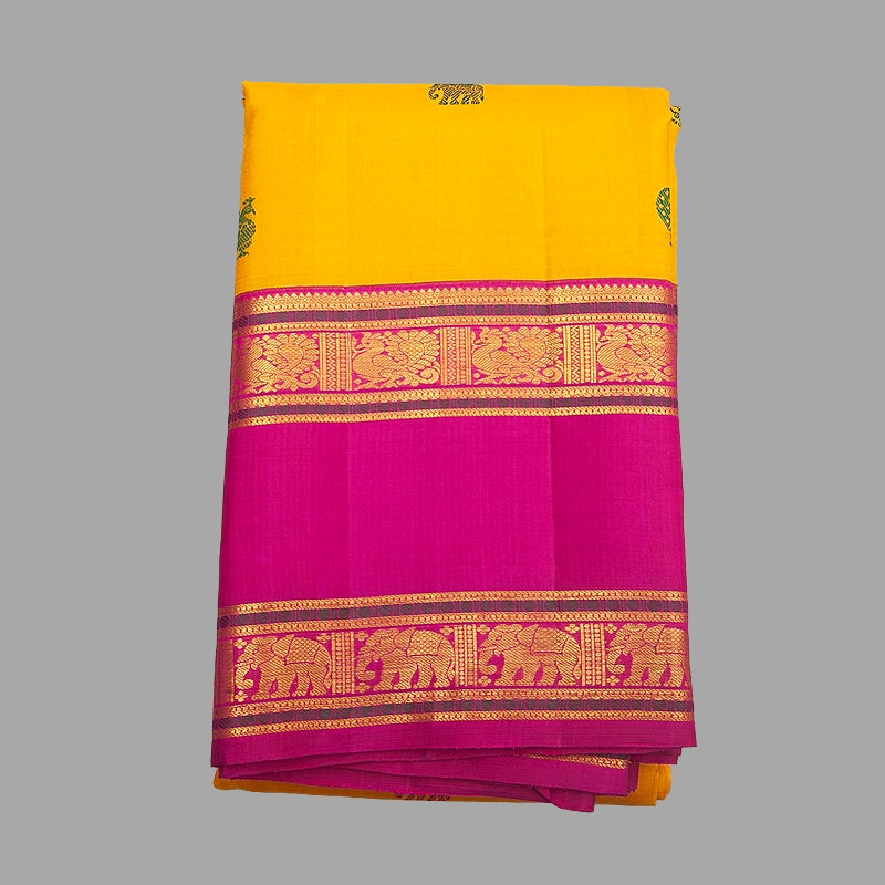 Hayagrivas Handloom Manjal Kanjivaram Silk Saree with Magenta-Pink Border KBF247E9-1