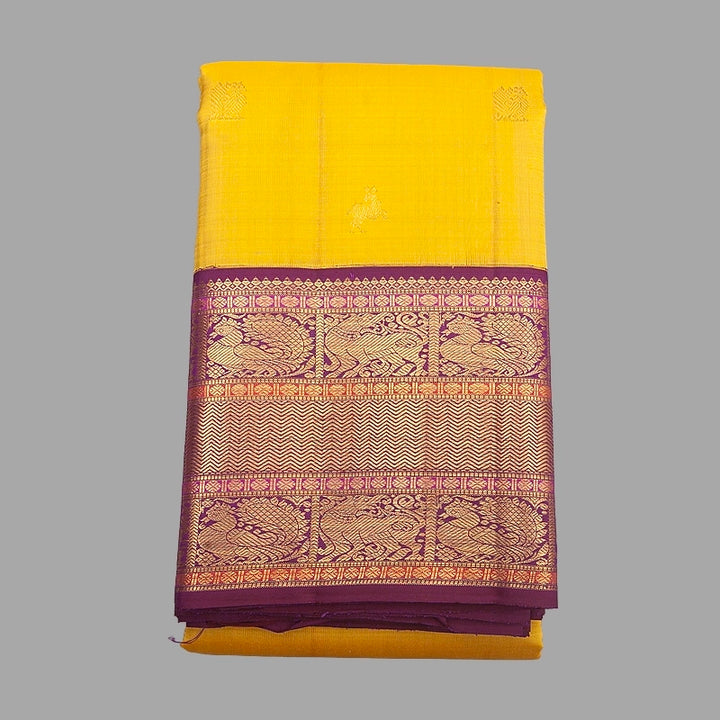 Hayagrivas Handloom Sampanga Yellow Kanjivaram Silk Saree with Purple Border KBF392F1-1