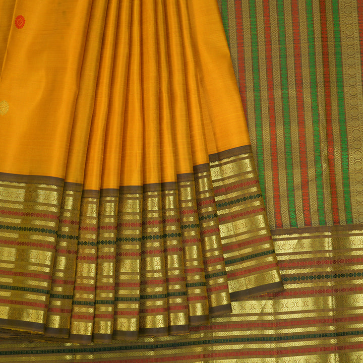 Hayagrivas Handloom Turmeric Yellow Kanjivaram Silk Saree with Golden Brown Border KBF48D8-6