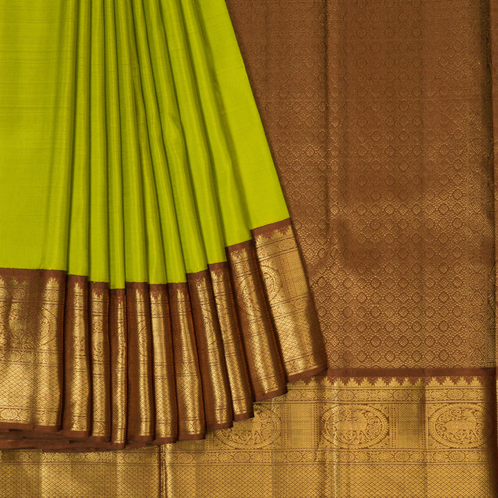 Hayagrivas Handloom Lime Green Kanjivaram Silk Saree with Chocolate Brown Border KBF186E2-2