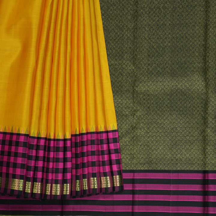 Hayagrivas Handloom Yellow Kanjivaram Silk Saree with Black & Pink Checks Border KBE1320J2-2