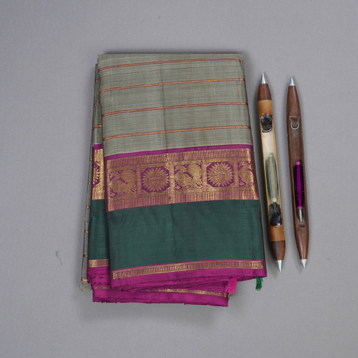 Hayagrivas Ash Grey Kanjivaram Silk Saree with Green And Purple Border BBC1028J19-1