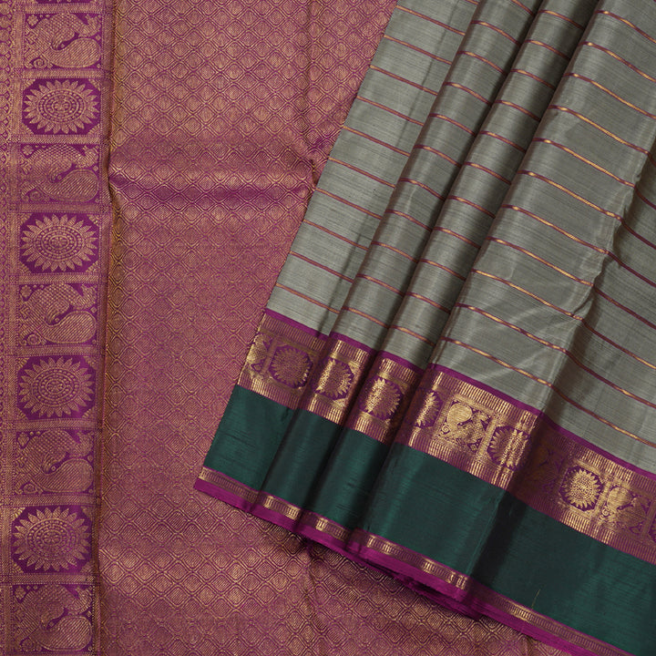 Hayagrivas Ash Grey Kanjivaram Silk Saree with Green And Purple Border BBC1028J19-1