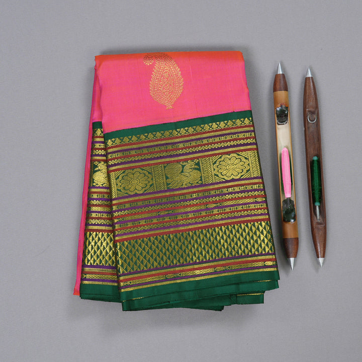 Hayagrivas Orangish Pink Kanjivaram Silk Saree with Bottle Green Border BBC1028J29-1