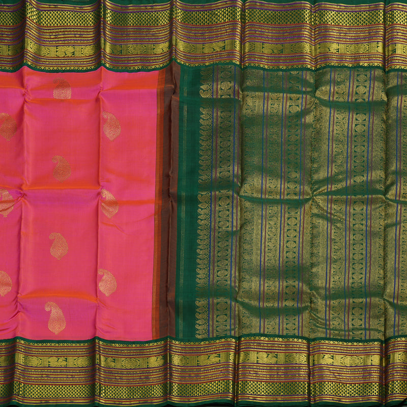 Hayagrivas Orangish Pink Kanjivaram Silk Saree with Bottle Green Border BBC1028J29-1